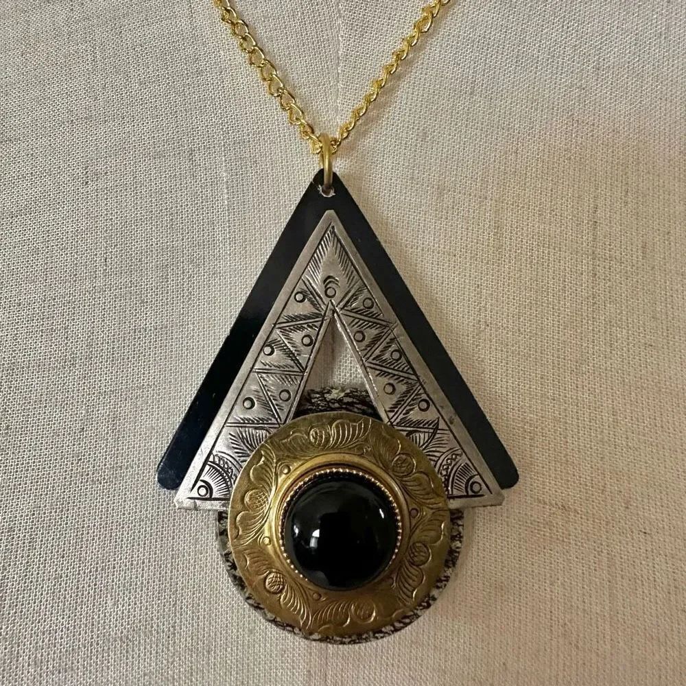 Silver black and gold large pendant necklace